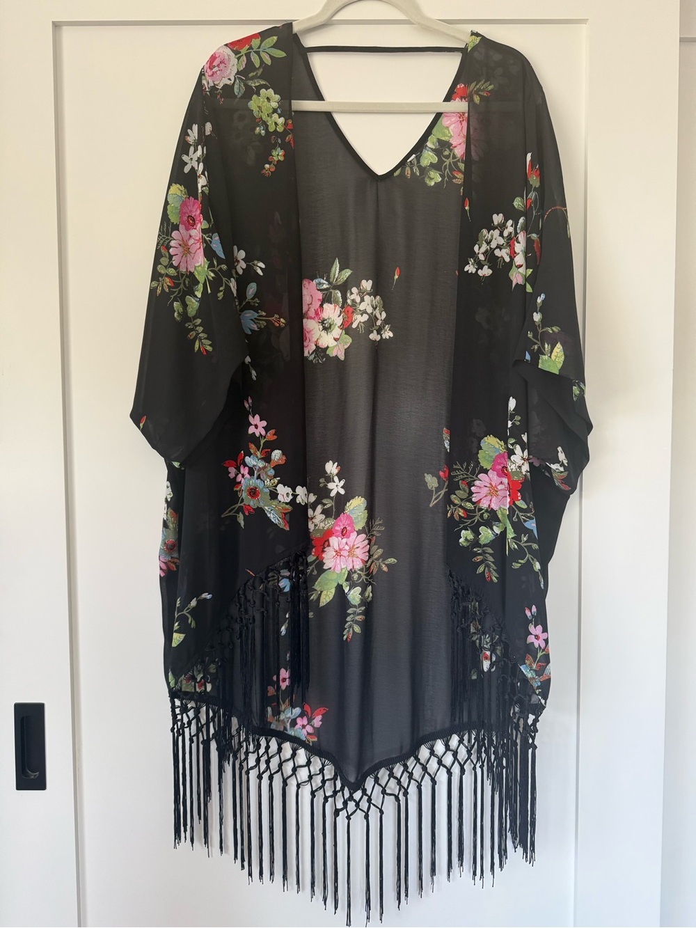 Black Floral Sheer Fringe Kimono Cover-Up